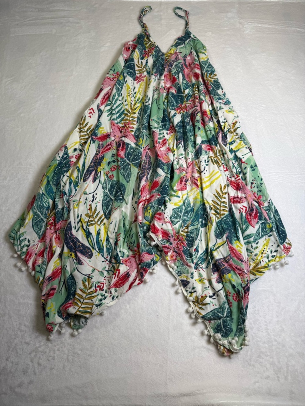 Japna Goa Tropical Asymmetric Maxi Dress in Green, Pink & Cream with Pom poms - Picture 3 of 4